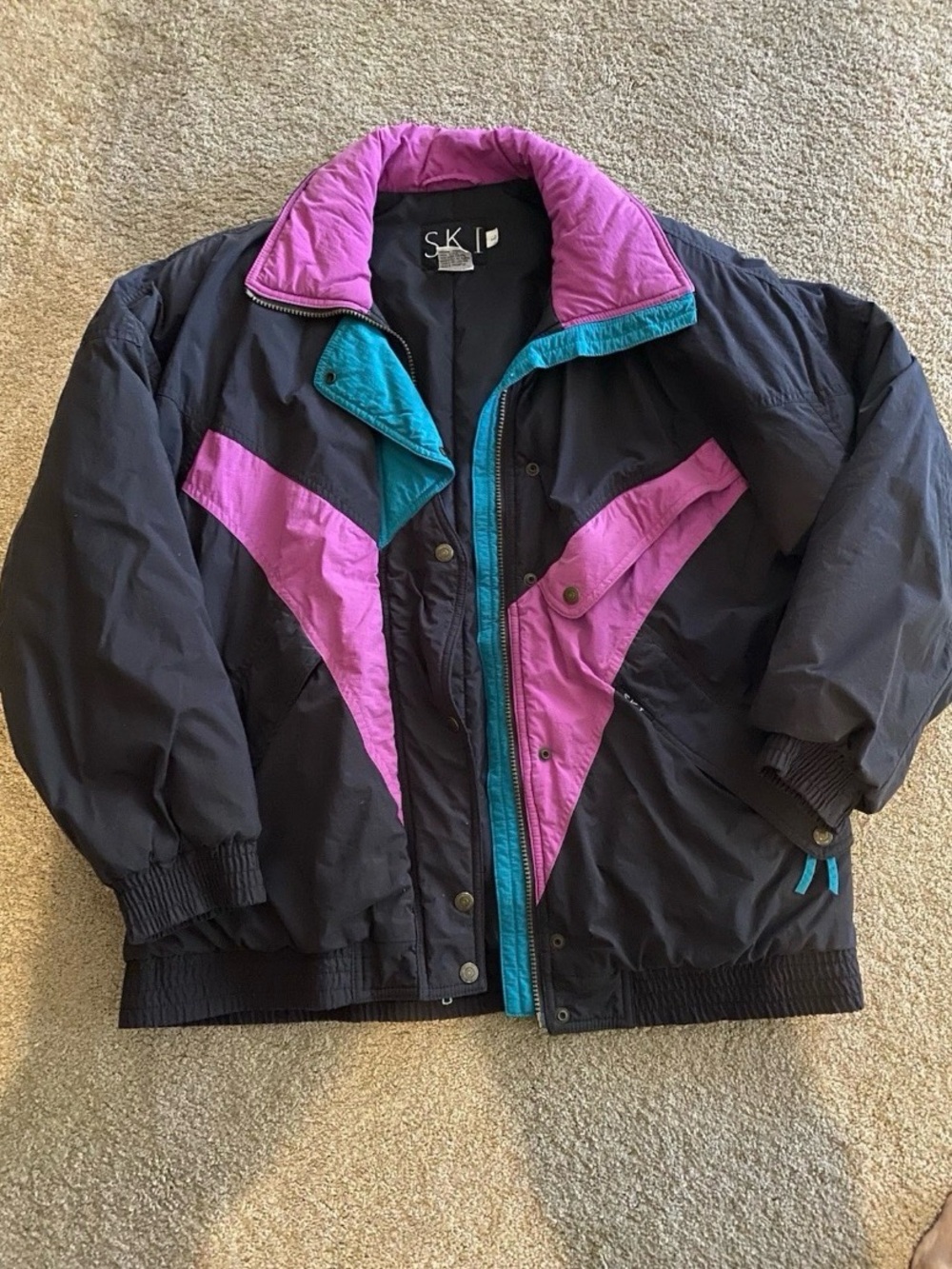 Ski Colorblock Puff Jacket in Black, Purple & Teal Size L